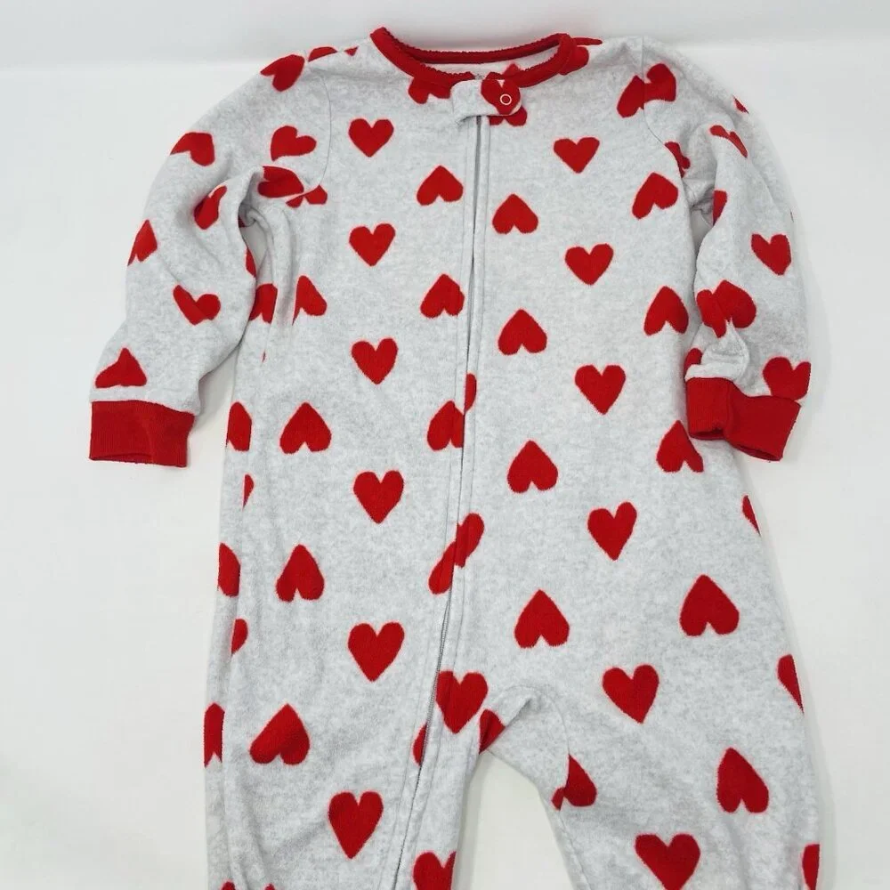 Carters Toddler‎ Girls Size 2T Heart Printed Zippered Fleece Footed Pajamas 1789